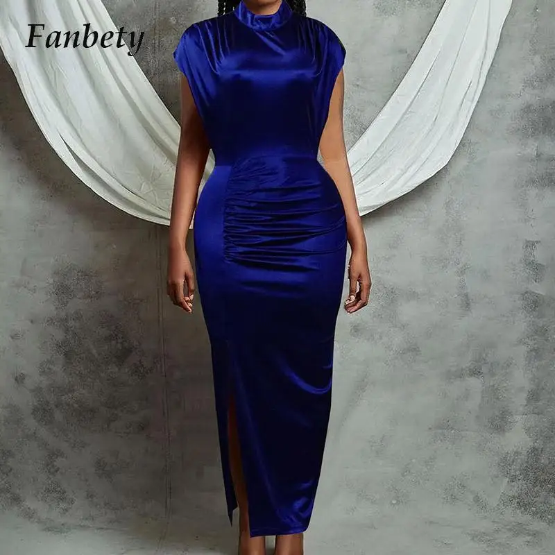 

2023 Lady Vintage Sexy Waisted O-Neck Long Dress Women Elegant Slim Banquet Dress Solid Color Satin Sleeveless Folds Party Dress