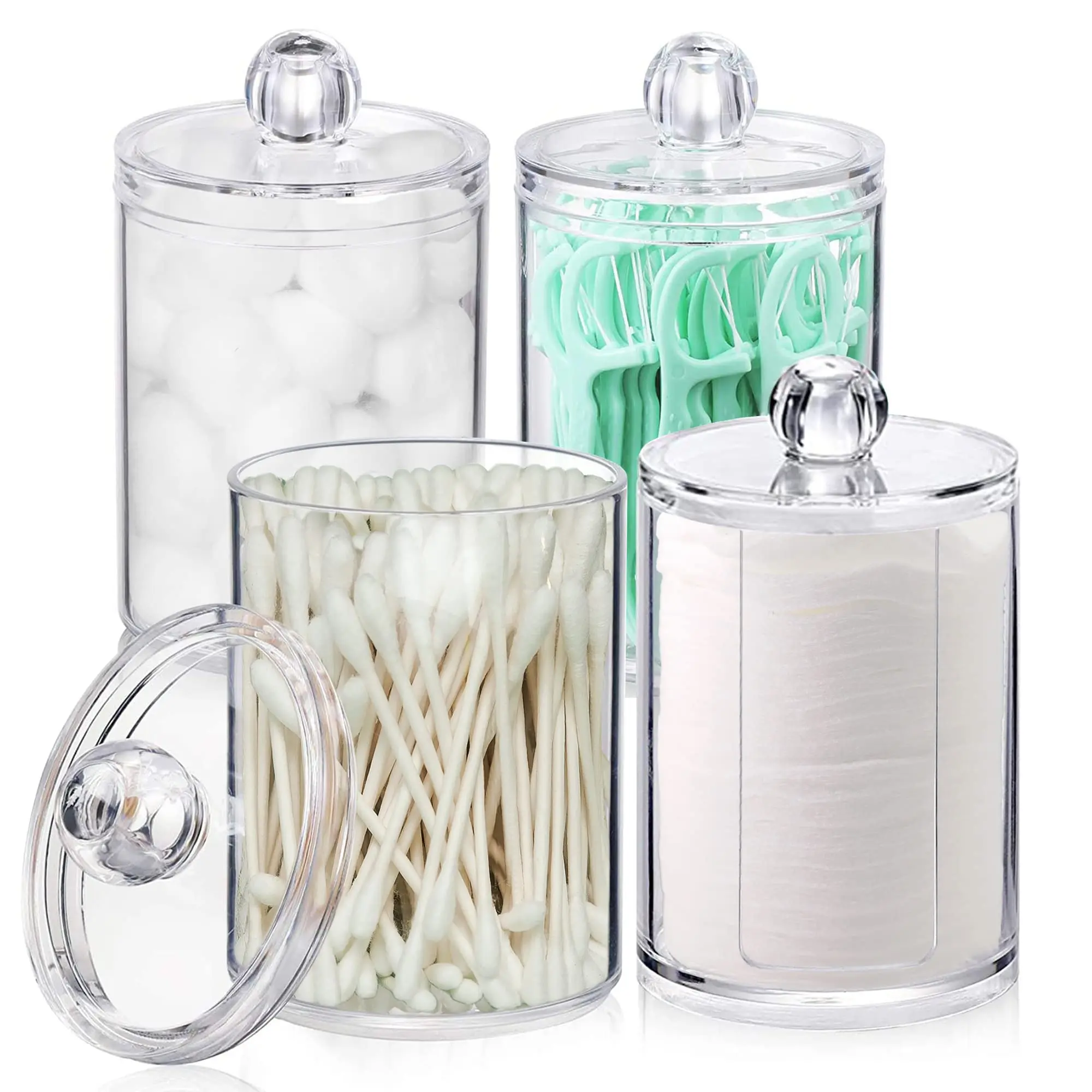 

Plastic Cotton Swab Ball Pad Holder 10 Oz Qtip Apothecary Jar Clear Bathroom Container, Organizer Dispenser, 4 Pack