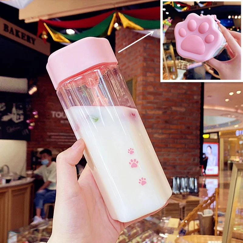 

Novelty Lovely Cat Paw Water Bottle Creative Cute Transparent Plastic Milk Drinking Cup BPA Free Portable Cups With Handle