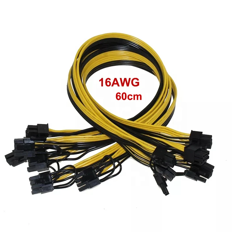 10pcs PCIE 16AWG PCI-E 6Pin Male to 8Pin (6+2Pin) 60cm GPU Power Cable ETH Ethereum Mining Splitter