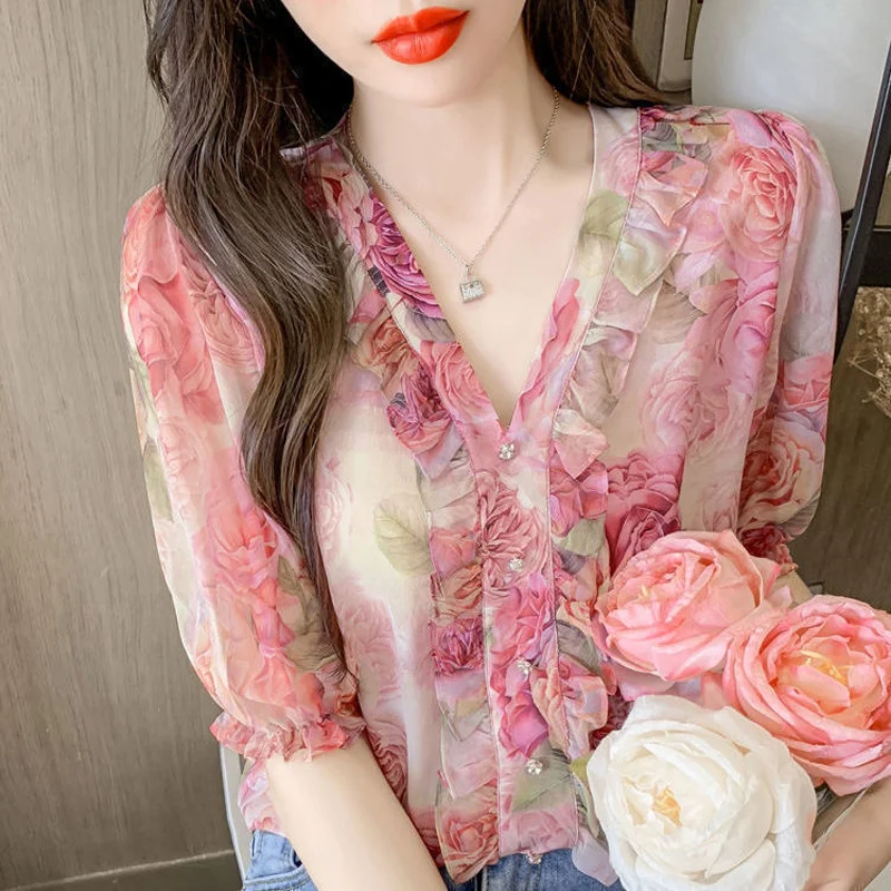 Elegant V-neck Floral Shirt Tops Ladies Summer Ruffle Fashion Short Sleeve Pink Chiffon Blouses Temperament Women Clothing