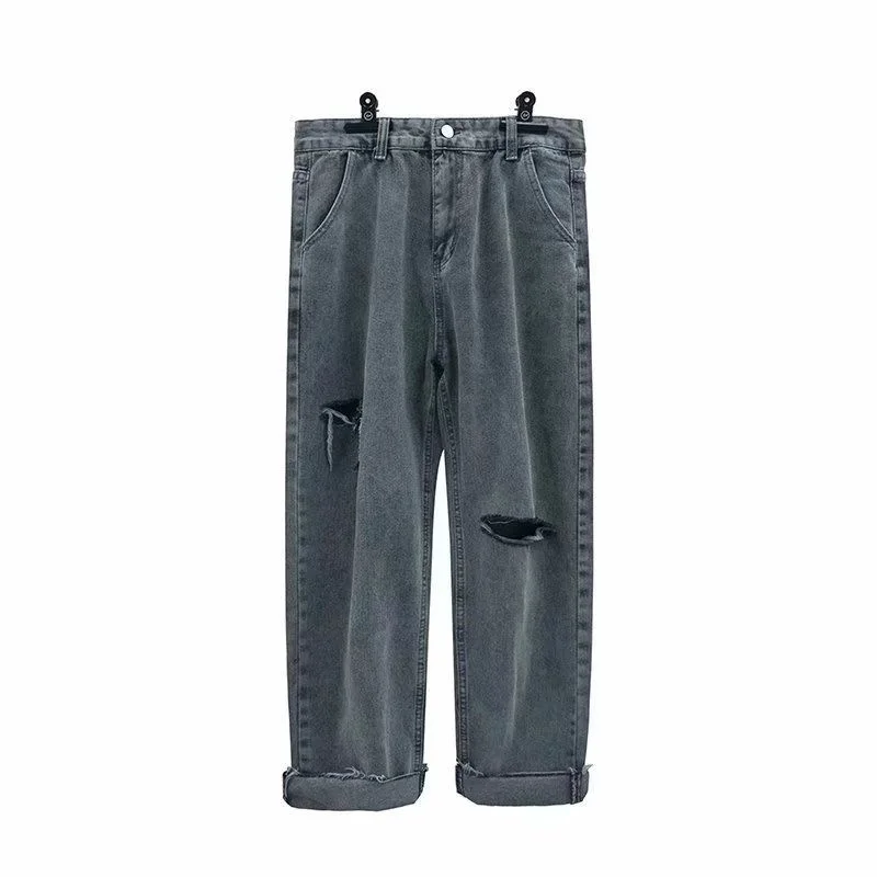 S-5XL Grey/Blue Ripped Jeans Men Fashion Retro Straight Jeans Men Streetwear Loose Hip Hop Ripped Hole Denim Pants Mens Trousers