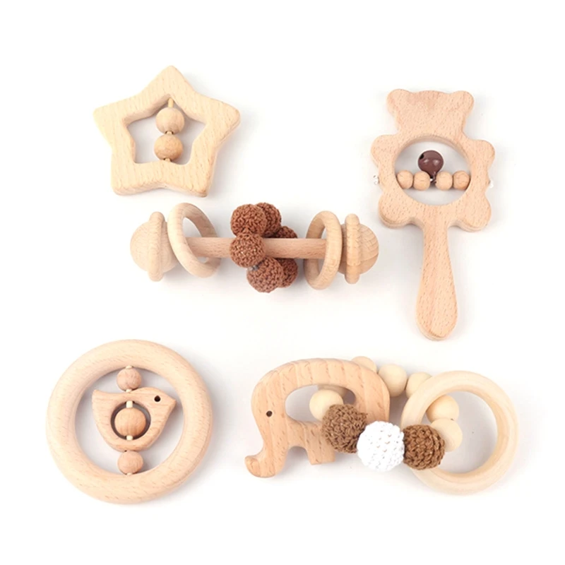 

5 Pcs Baby Rattles Natural Wooden Teether Crochet Bead Bracelet Music Hand Bell