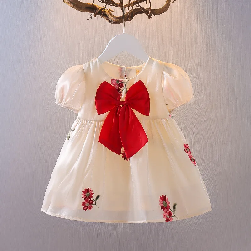 

Summer Baby Girls Dresses Large Bow Embroidery Short Sleeve Clothing Infant Fashion Chiffon Dresses