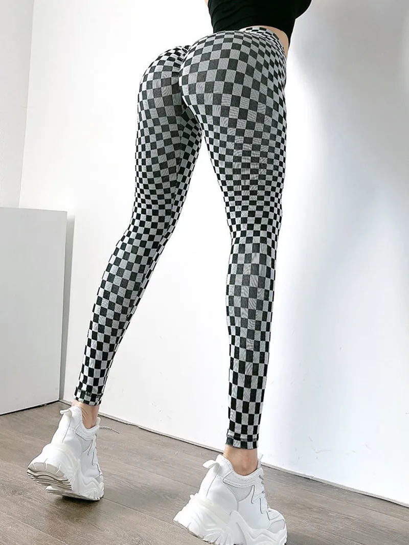 Women Yoga Pants Hip Lifter Tight Leggings Seamless Gym Workout High Waist Spandex Check Sports Fitness Elastic Pants Trousers