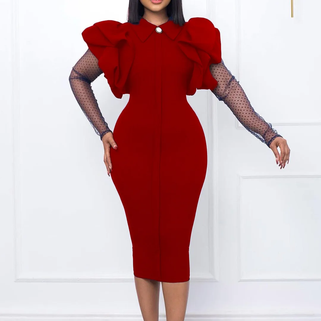 

2022 Women's Mesh Long Sleeve V-Neck Urban Fashion Leisure Solid Color Show Thin Buttock Dress