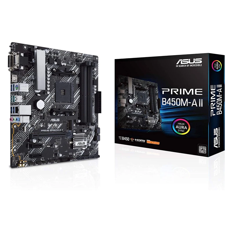 

ASUS PRIME B450M-A II AMD B450 (Ryzen AM4) Micro ATX Motherboard With M.2 Support, HDMI/DVI-D/D-Sub, SATA 6 Gbps, 1 Gb Ethernet