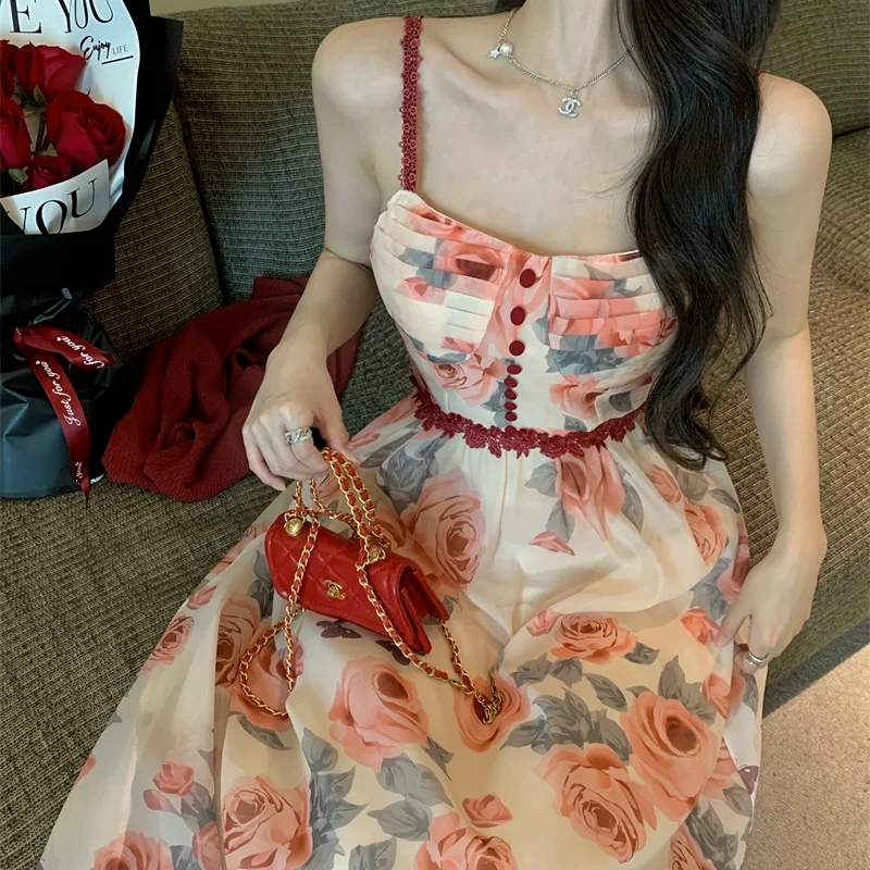 

Gaganight Women French Floral Spaghetti Strap Retro 2022 Summer Korean Chic Sweet Gentle Fairy Strapless Long Dresses Vestidos
