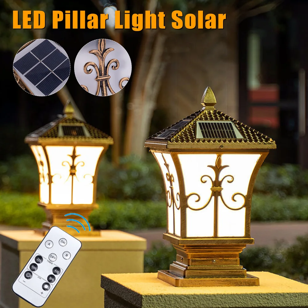 

24 LED Solar Post Lights Waterproof Retro Post Lantern With Lightness Adjustable Remote Control For Outdoor Garden Pathway Decor