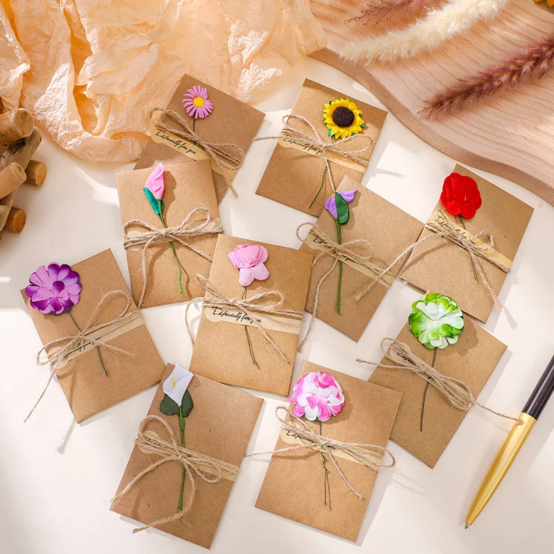 

10pcs Greeting Card Vintage With Handmade Flower Kraft Paper Envelope Birthday Wedding favors Party Invitations Retro Letter