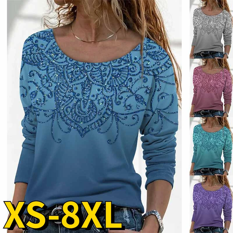 

2023 Autumn Round Neck Pullover Spring Women's Daily Long Sleeve Fashion Tops Casual Regular Tee Shirt Vintage Print T-shirt
