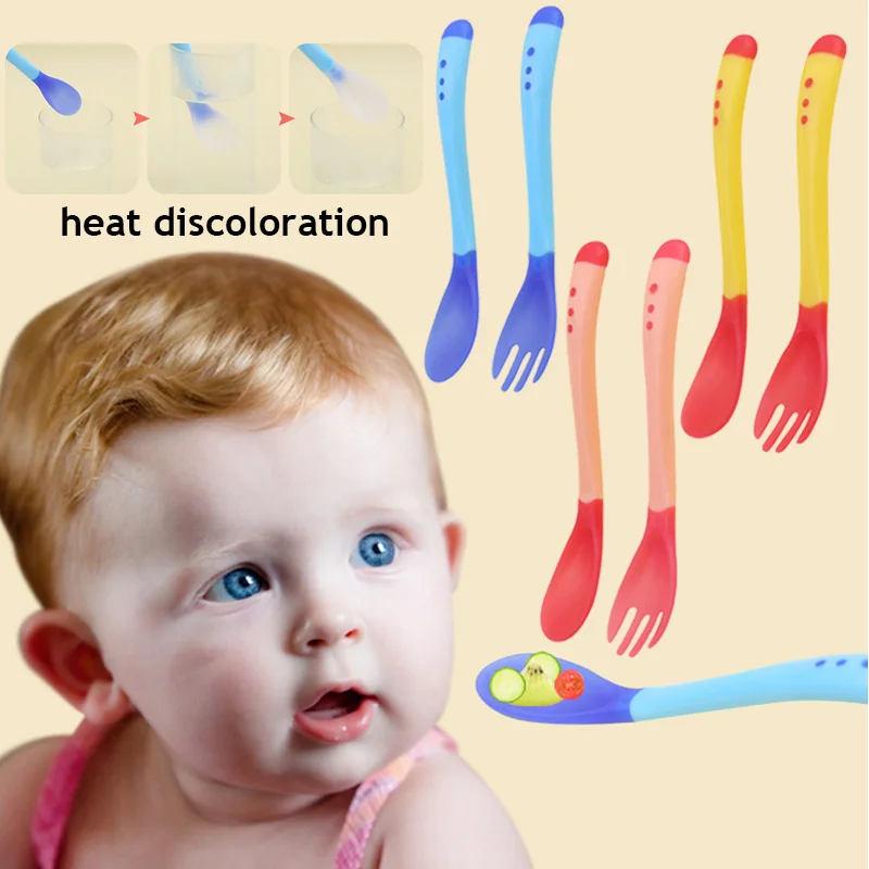 

Children's Fork Children Learn To Eat Training Spoon Kids Feeding Utensil Toddler Cutlery Infant Food Ringed Curved Handle Cute