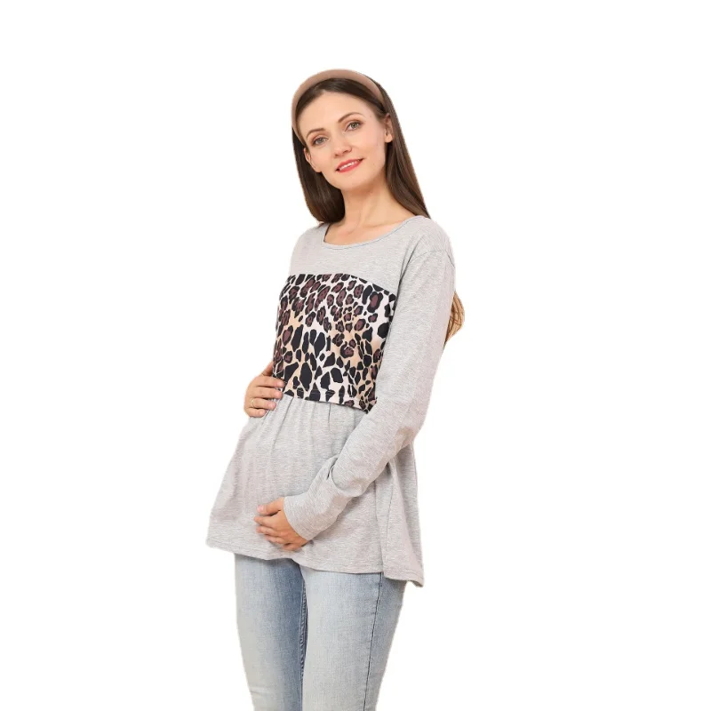 Spring & Autumn Women Maternity Clothes Nursing Tops Breastfeeding Fashion Casual Cotton Leopard Long Sleeves Pregnant Clothes