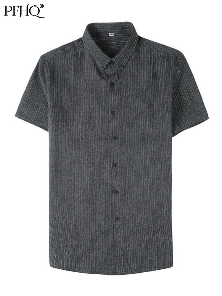 

PFHQ Summer New Fashion Stripe Short Sleeve Luxury Mens Slim Fit British Business Shirt Black Casual Clothes Cold Blouse 21Q1089