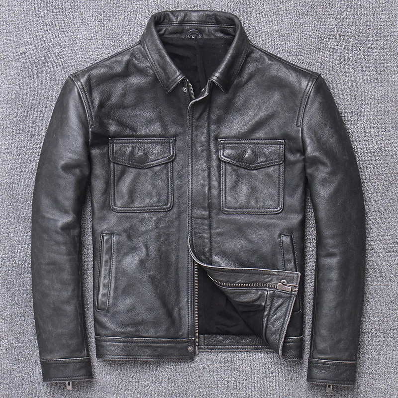 

5 days arrival,Male Genuine Leather Large Size Vintage Classic Motorcycle Biker Coat Autumn Winter Soft Cowhide Jacket