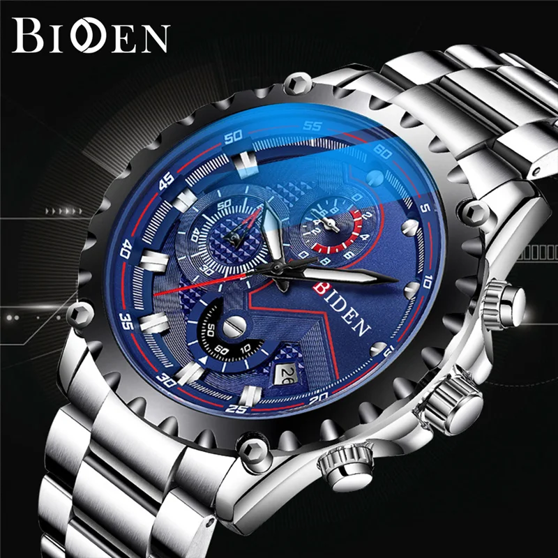 

BIDEN New Men Quartz Watch Chronograph Sport Waterproof Wristwatch For Men's Watches Stainless Steel Calendar Luminous montre