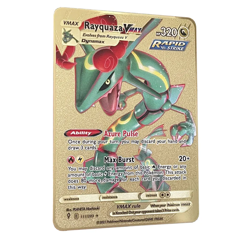 

New Rayquaza Vmax Golden Pokemon Cards in English Iron Metal Pokmo Letters Kids Gift Game Collection Cards Rainbow