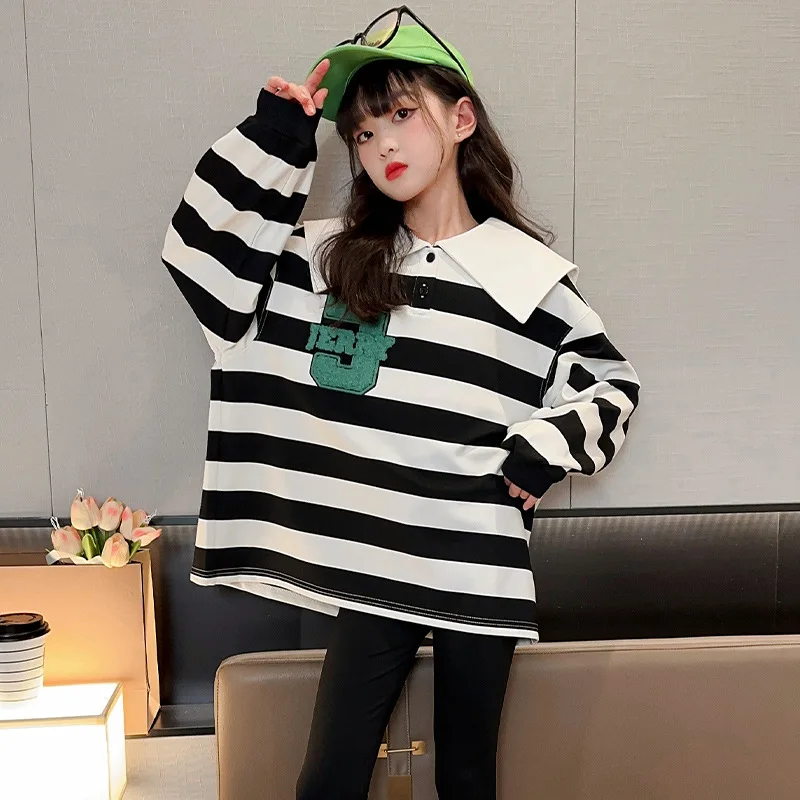 

8 10 Years Girl Striped Tops Fall Winter 2023 Teens Outfit Tee Shirt Long Sleeve