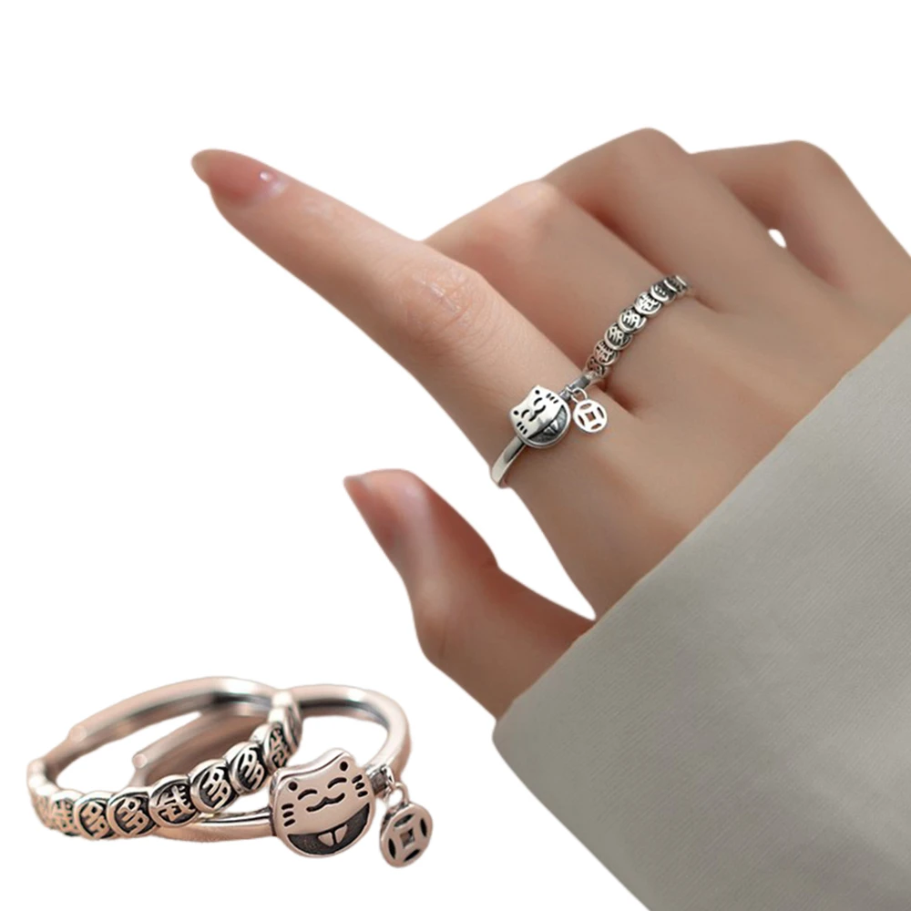 

Chinese Style Vintage Rings for Women Lovely Cat Face Rings Mini Copper Cash Creative Adjustable Opening Rings Jewelry Gift