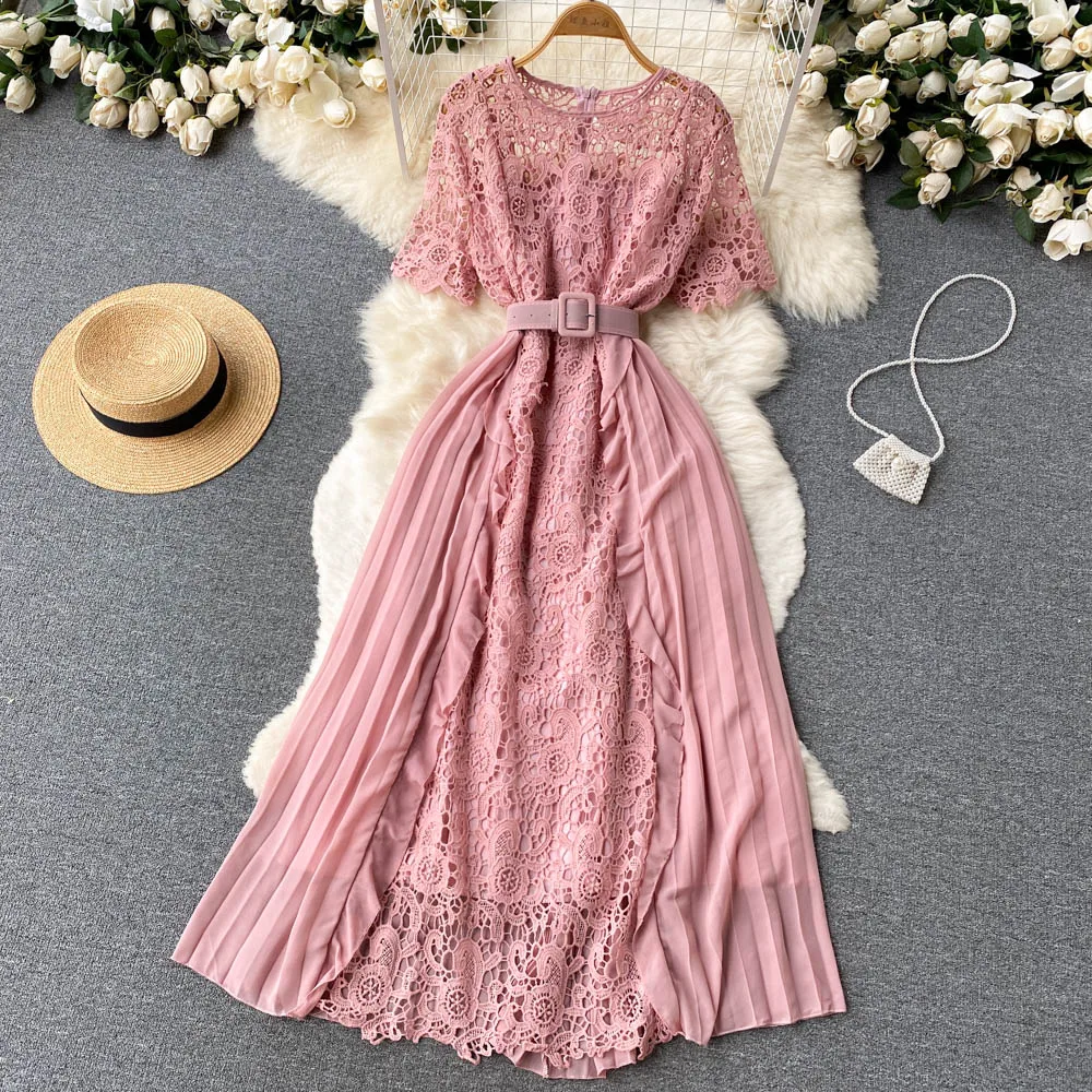 

Club Evening High Waist Casual Pink Vestidos De Mujer Maxi Round Collar Women Elegant Clothing Robe Lace Zipper Red Sexy Dress