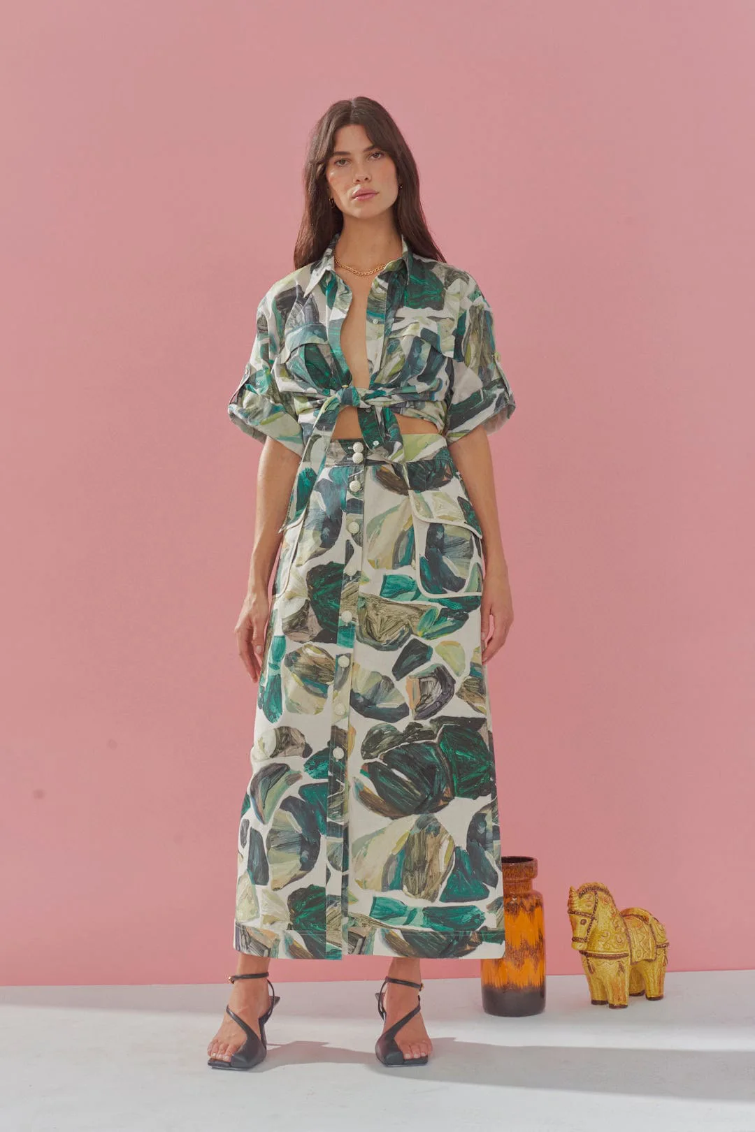 

Alemai* Summer Women Shirt Skirt Set 100%Cotton Turn-down Collar Single Breasted High Waist Split Casual