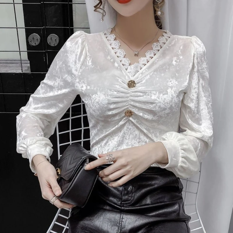 

Женская Кружевная футболка с V-образным вырезом, длинным рукавом