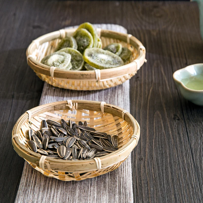 

Handmade Bamboo Weaving Round Storage Basket Fruit Dish Rattan Bread Basket for Kitchen Food Picnic Bread Sundry Mini Container