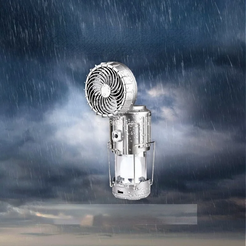 

Portable Outdoor LED Camping Lantern With Fan Solar Charge Rechargeable Light Hanging Tent Lamp Fish Flashlight Dropship
