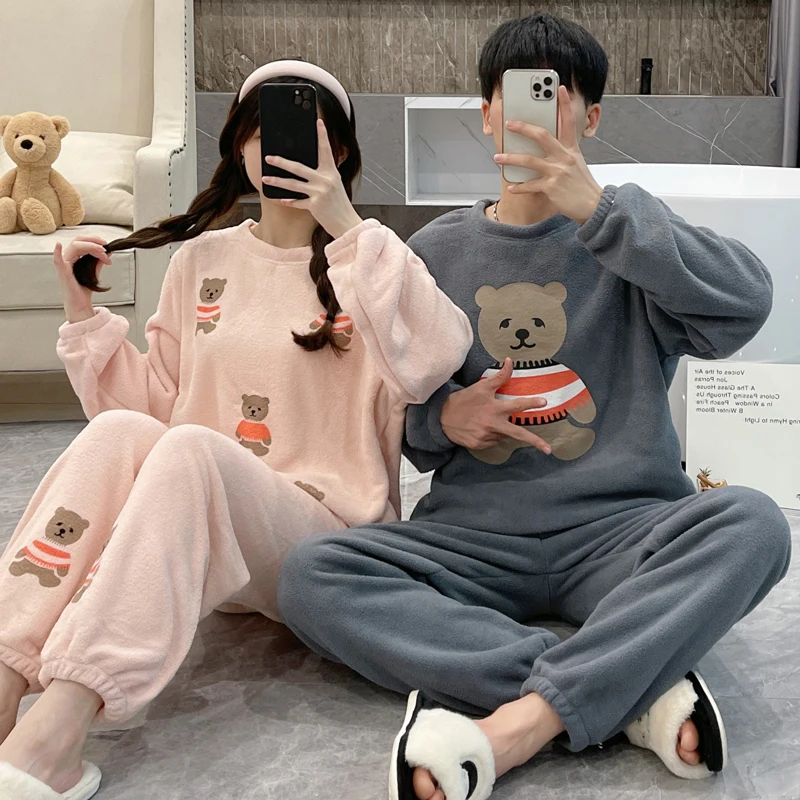 Woman Man Winter Warm Pijama Set Lover Couple Matching Pajamas Soft Flannel Thick Home Clothing Cute Bear Printing 2 Pieces Wear