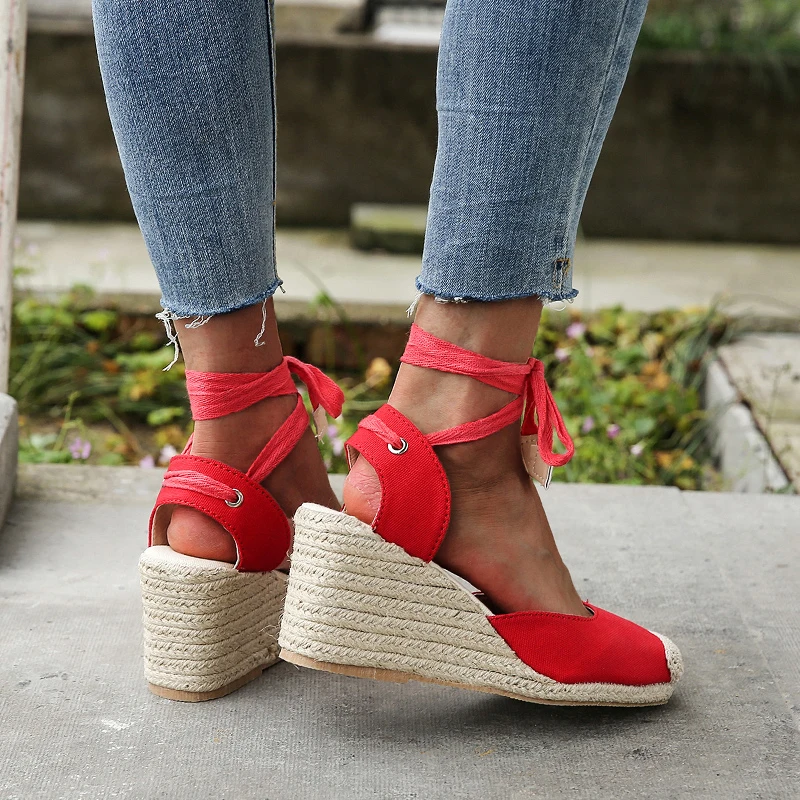 New Women's Wedges Espadrilles Sandals Summer 2023 Ankle Strap Gladiator Sandalias Woman Plus Size Hemp Bottom Casual Shoes