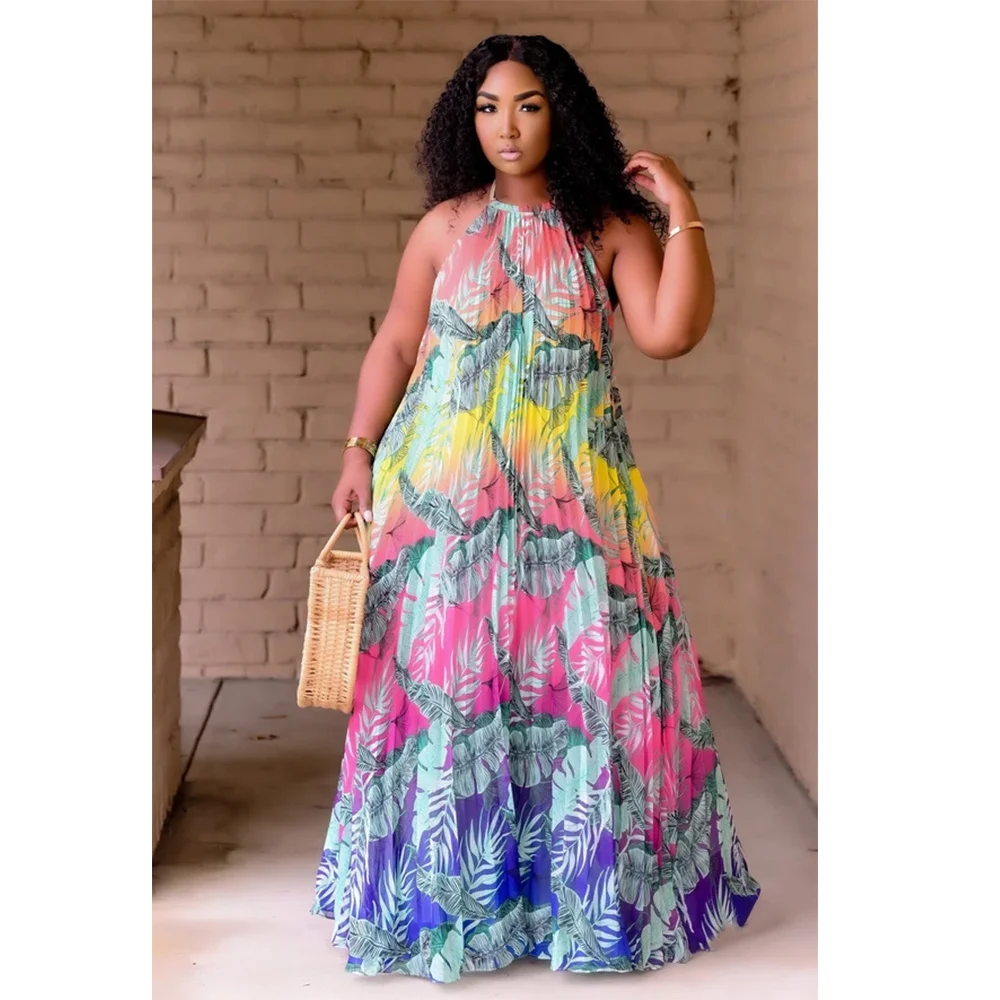 Plus Size Party Dress Sexy Hang a Neck Backless Printing Swing Elegant Summer Maxi Dresses Wholes 3xl 4xl 5xl 6xl