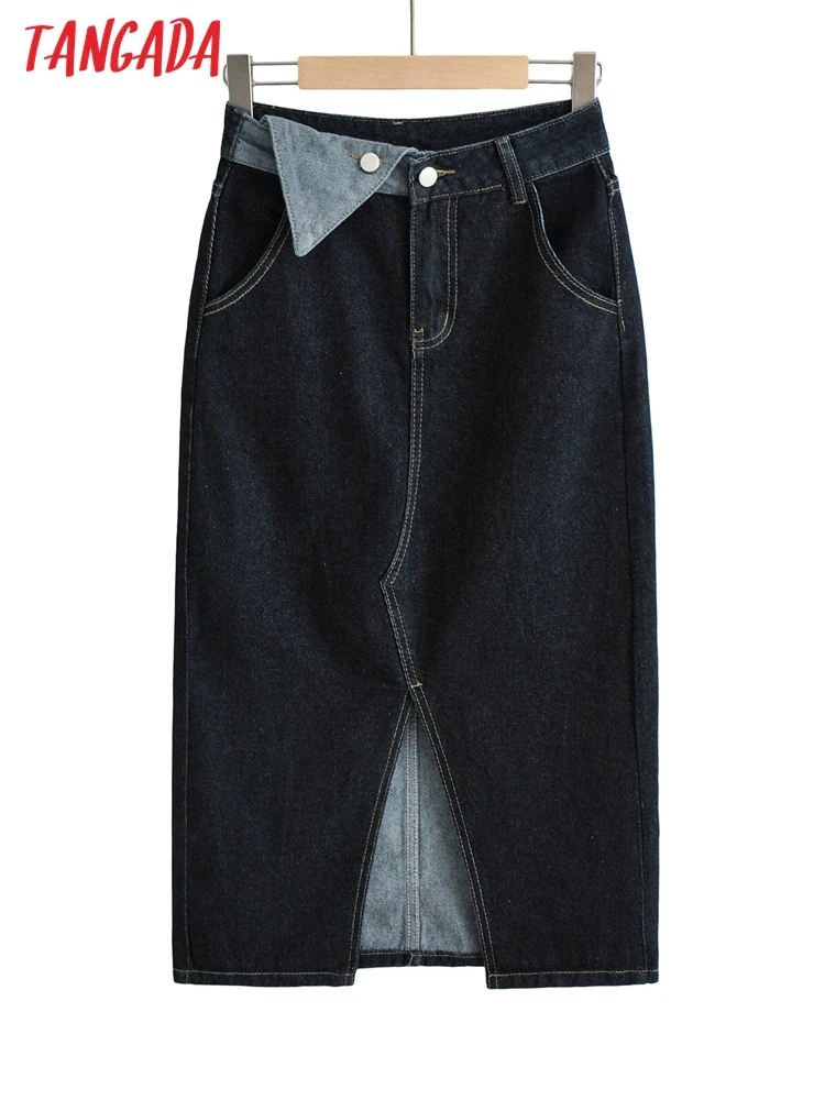 

Tangada 2022 Women Denim Skirts French Style Female Midi Skirt 8A06
