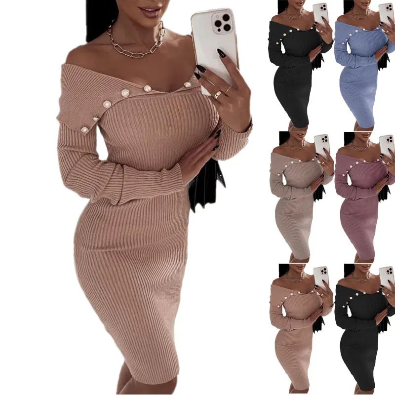 

Fall/Winter 2023 Women's Buttons Tight-fitting Long-sleeved Knit Hip-wrapped V-neckline Solid Color Casual Sexy Elegant Dress