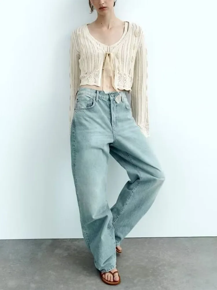 

Summer new women's clothing fashion sweet elegant gentle niche slim V-neck hollow tie stitching short knitted jacket top