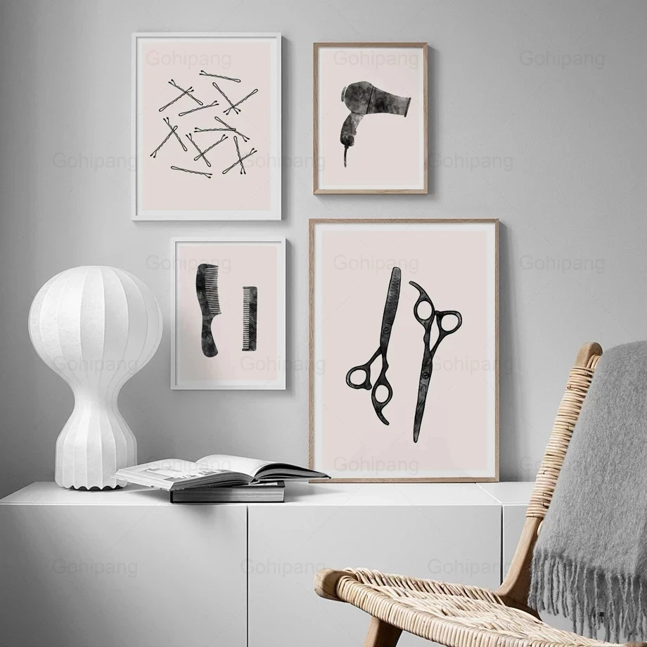 

Barber Shop Wall Art Pictures Cat Ears Hair Clip Dryer Scissors Comb Canvas Painting Nordic Posters and Prints for Gifts Salon