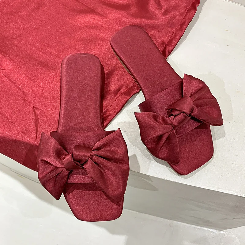 

2022 New Size 35-43 Red Wedding Slippers Women Sandals Summer Shoes Woman Satin Bow Tie Soft Bottom Bride Bridesmaid Slippers