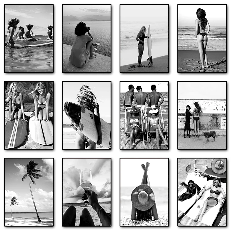 Плакаты и принты женские черно-белые для серфинга на холсте