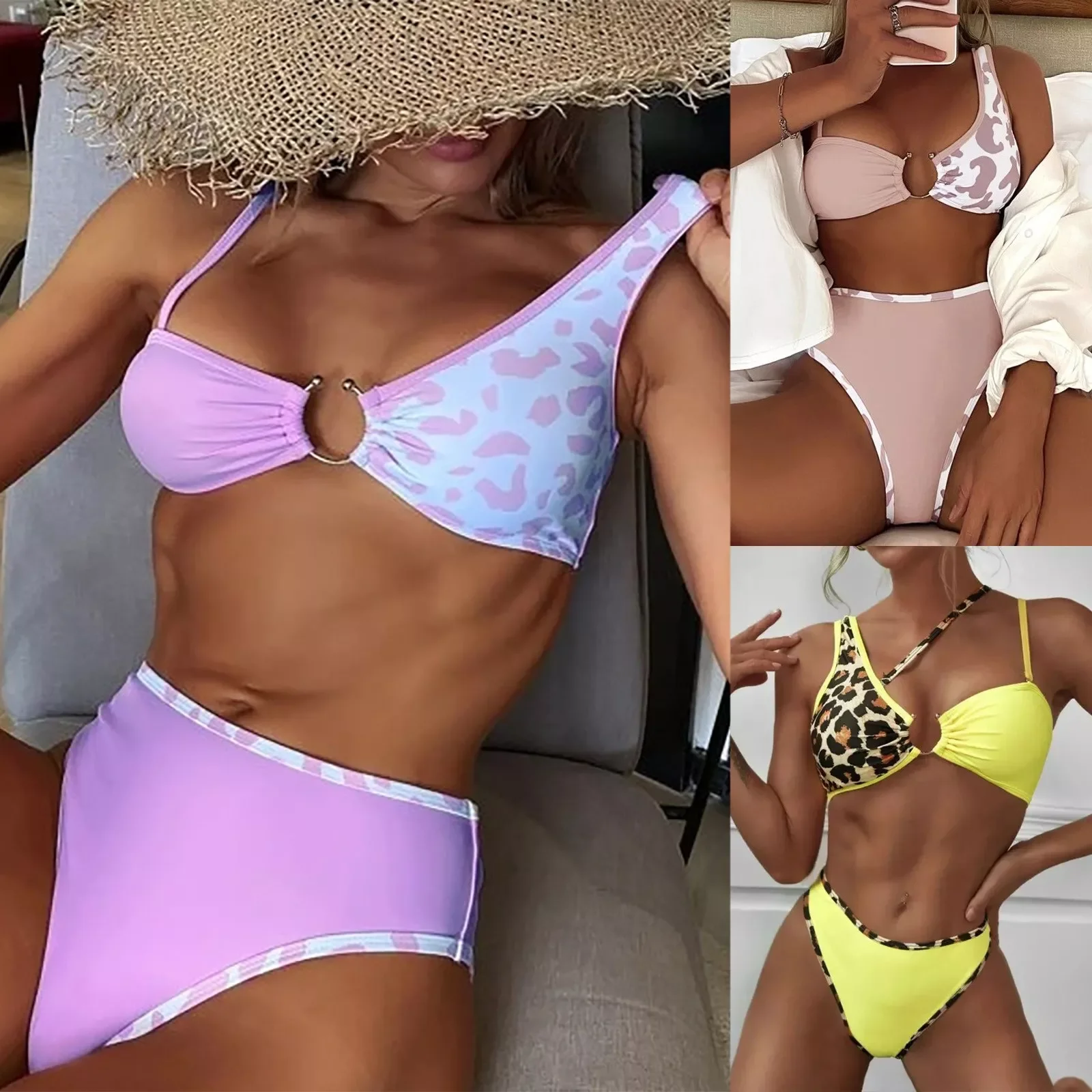 

Пикантный комплект бикини с леопардовым принтом, облегающее однокольцевое бикини с прострочкой, купальник с высокой талией, женский купаль...