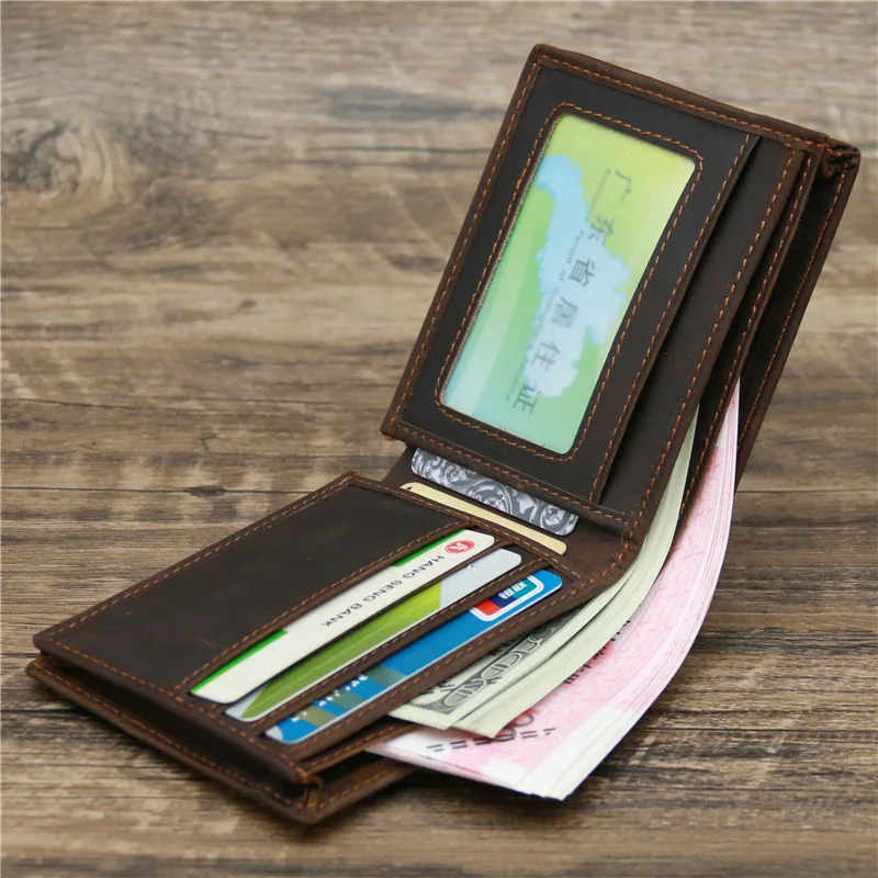 Genuine Leather Slim Wallet Men Short Bifold Small Purse Male Mini Credit Card Holder Money Bags Crazy Horse Coin Pocket Wallets
