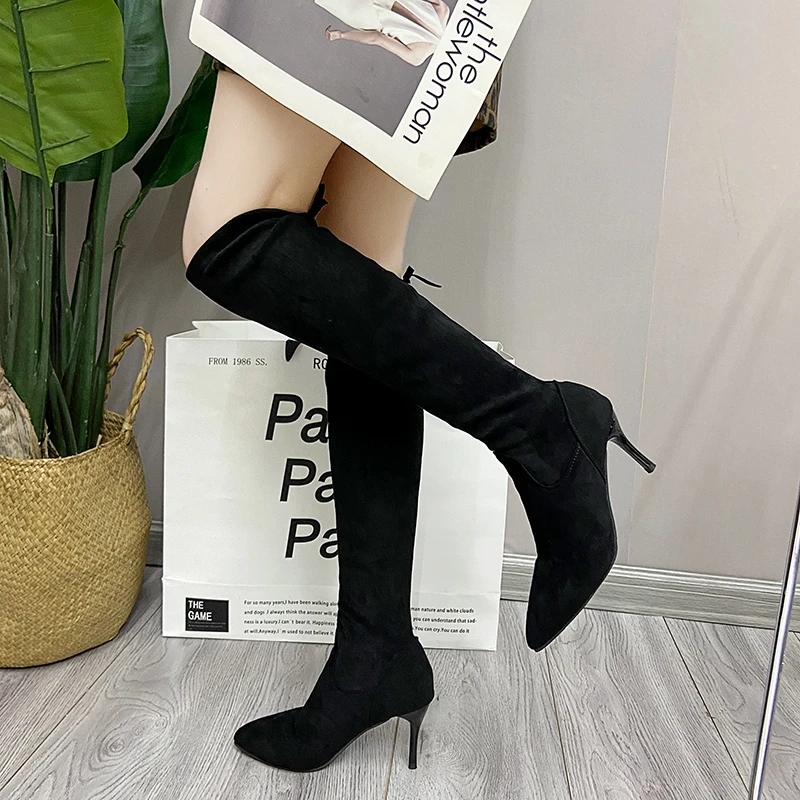 Women's Boots Autumn and Winter Elastic Cloth Socks Middle Boots Sexy Ladies High Quality Pointed Toe Knee-high Nude Boots