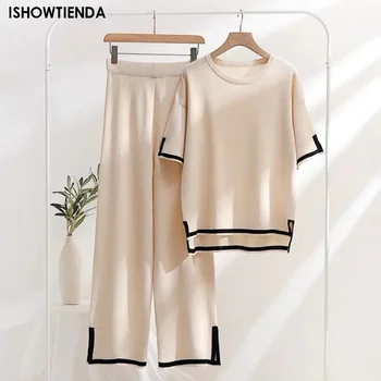 Solid Elegant Chic Women Outfits For Summer 2023 O-neck Contrast Split Short Sleeve Knit Two Piece Set Loose Wide Leg Pant Set 1