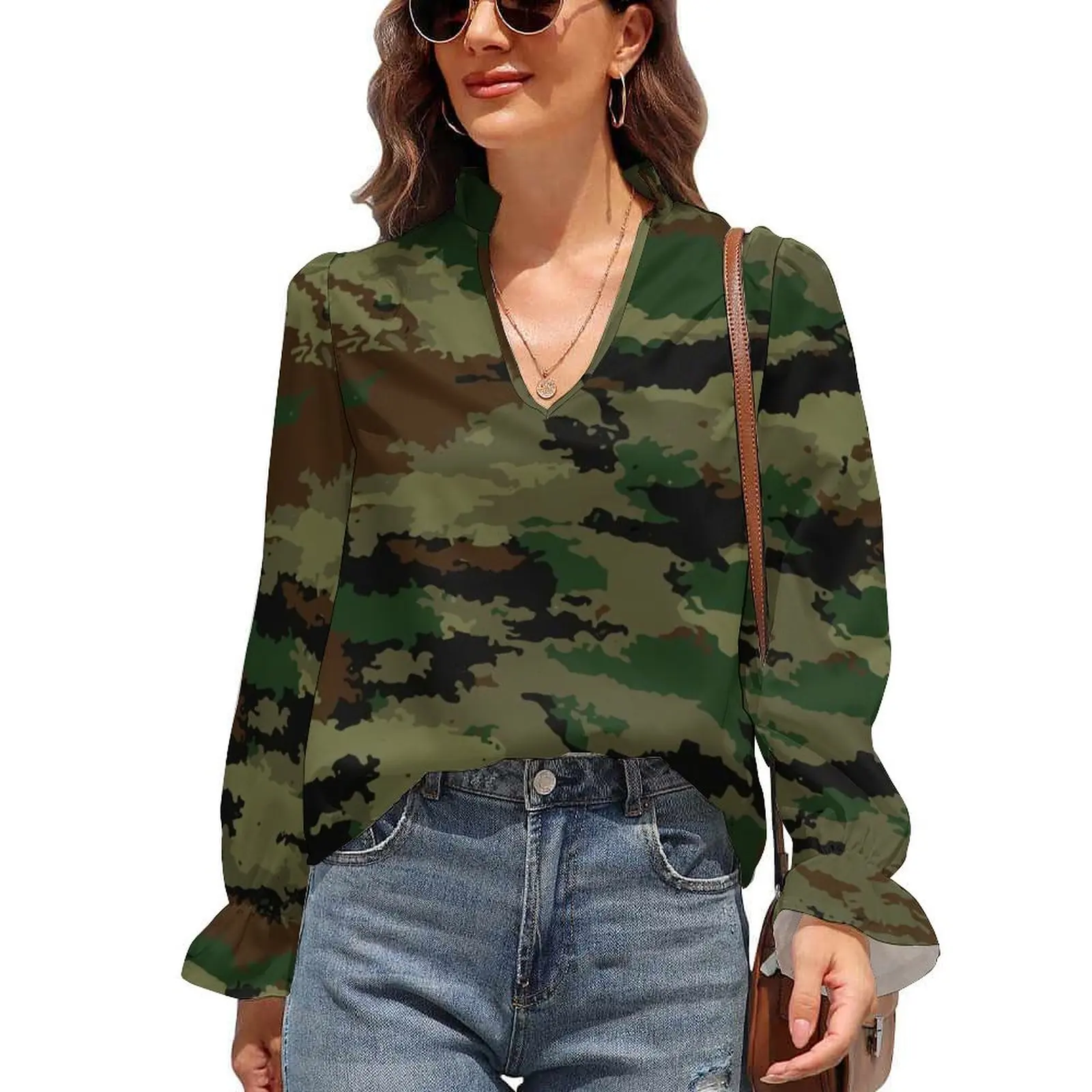 

Black And Green Camo Chiffon Blouse Puff Sleeve Woodland Pattern Camouflage Office Work Blouses V Neck Casual Shirt Graphic Top