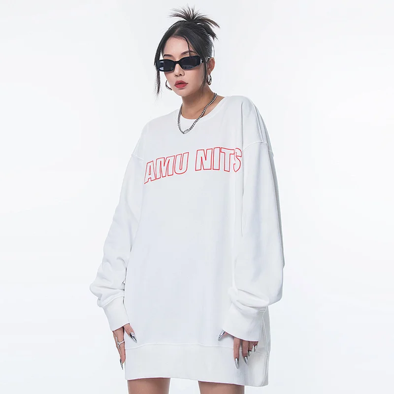 

White Sweatshirt Women Crew Neck Letter Print Fashion Hip Hop Oversized Leisure Fleece Loose Winter Long Sleeves Tops Pullover