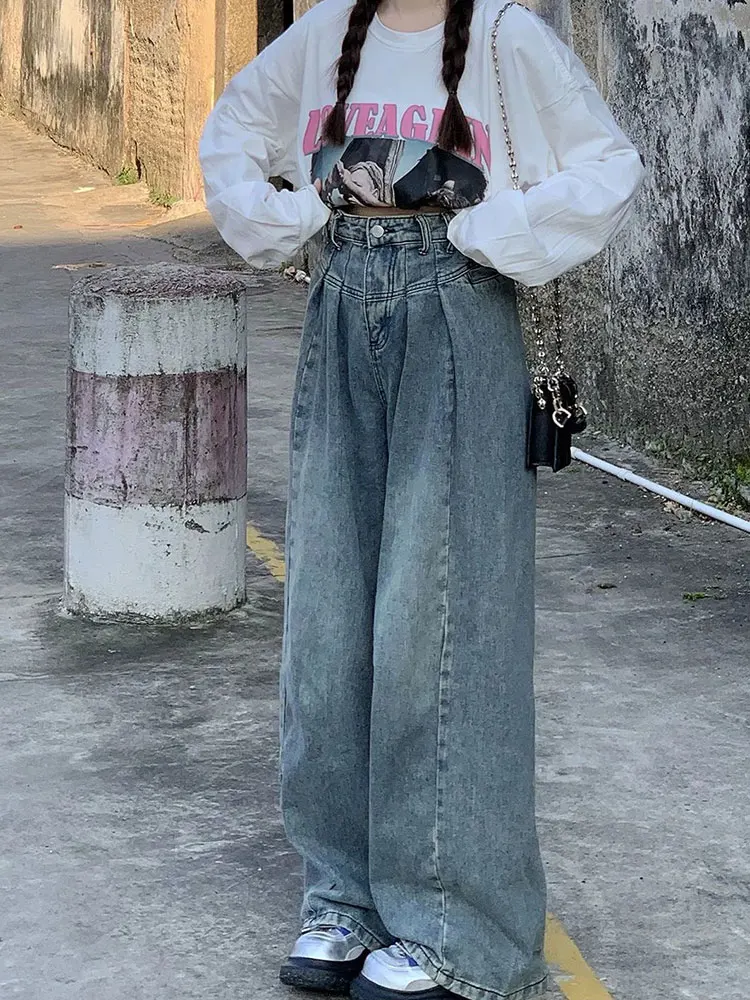 

Oversized Casual Retro Washed Women's Jeans Summer High Waist Straight Wide Leg Pants 2023 Fashion Lady Streetwear Denim Pant