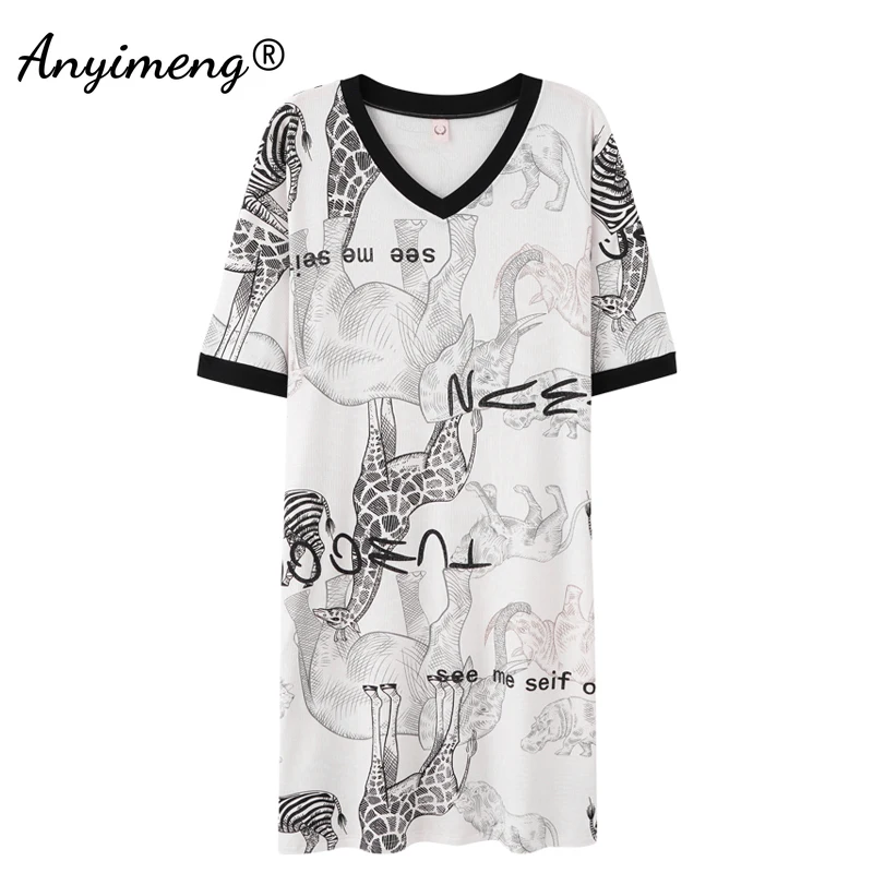 

New Summer Wild Style Trendy Korean Nightgown for Teen Girls Animal Printing Modal Homedress V-neck Dressing Gown for Youth Lady
