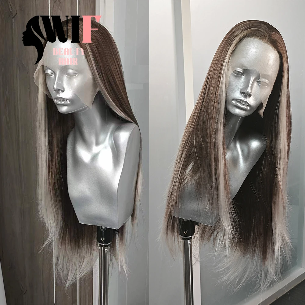 Парик WIF из коричневого прямого шнурка спереди шелковые прямые натуральные