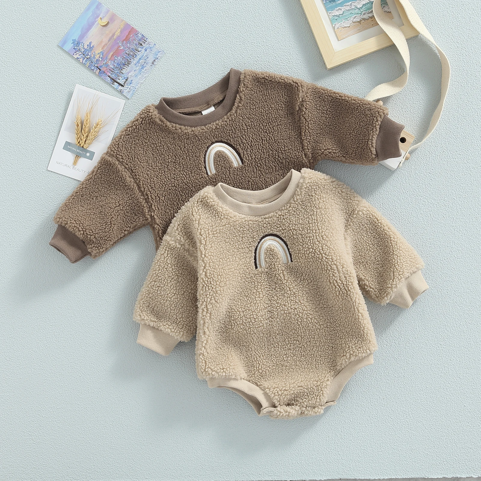 

Infant Baby Unisex Casual Bodysuit Long Sleeve Rainbow Patchwork Round Neck Plush Triangle Romper