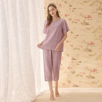 2022 new summer 60s long staple cotton pajamas sets women homewear high quality short sleeve night sleep pants