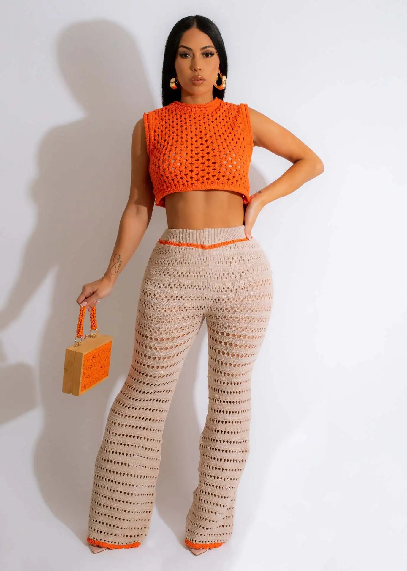 

MUDAN Knit Ribbed Crochet Hole Beach Women's Set Tank Top and Wide Leg Pants 2023 Summer Two 2 Piece Set Outfits Tracksuit