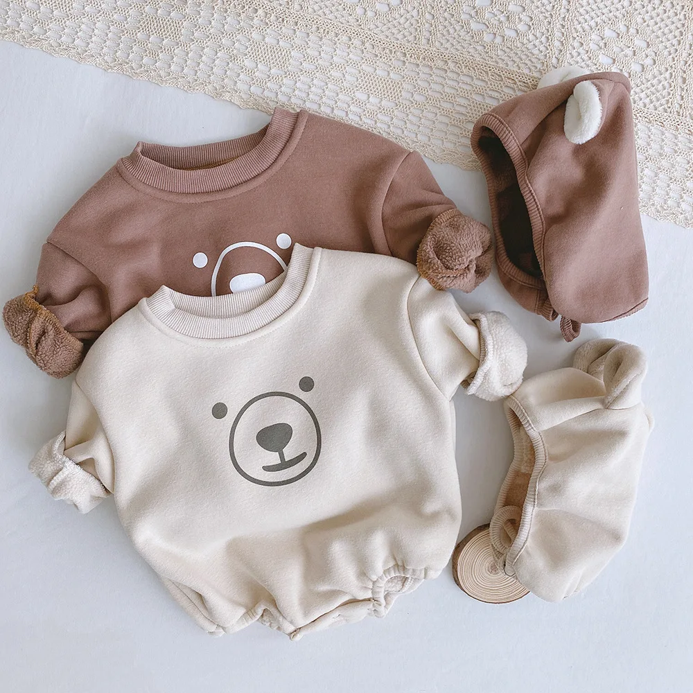 Free Hat 0-2 Year Old Baby Fleece Bear Romper Late Autumn Toddler Cartoon Triangle Romper  Kids Baby Girls Boys Jumpsuits 0-2Y